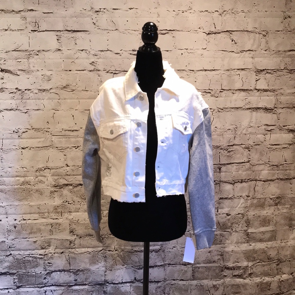 Blank NYC white denim jacket with jersey sleeves